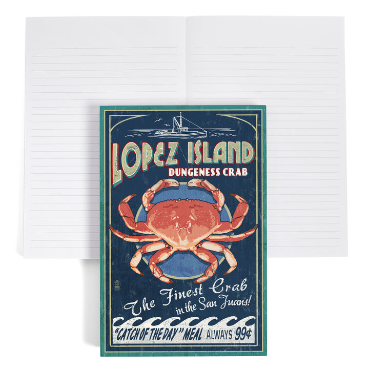 Lined 6x9 Journal, Lopez Island, Washington, Dungeness Crab Vintage Sign, Lay Flat, 193 Pages, FSC paper