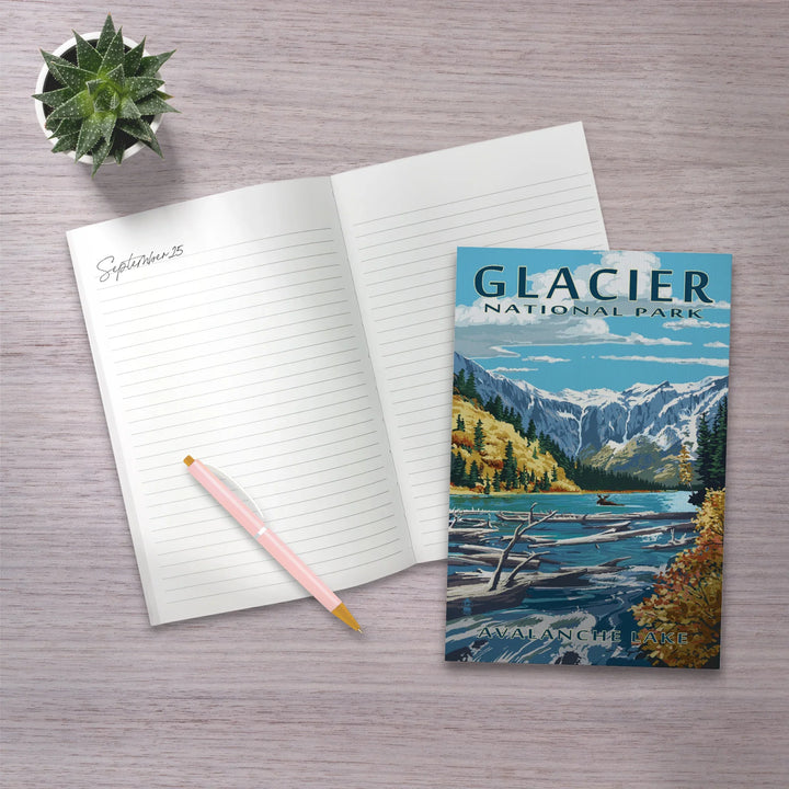 Lined 6x9 Journal, Glacier National Park, Montana, Avalanche Lake Illustration, Lay Flat, 193 Pages, FSC paper