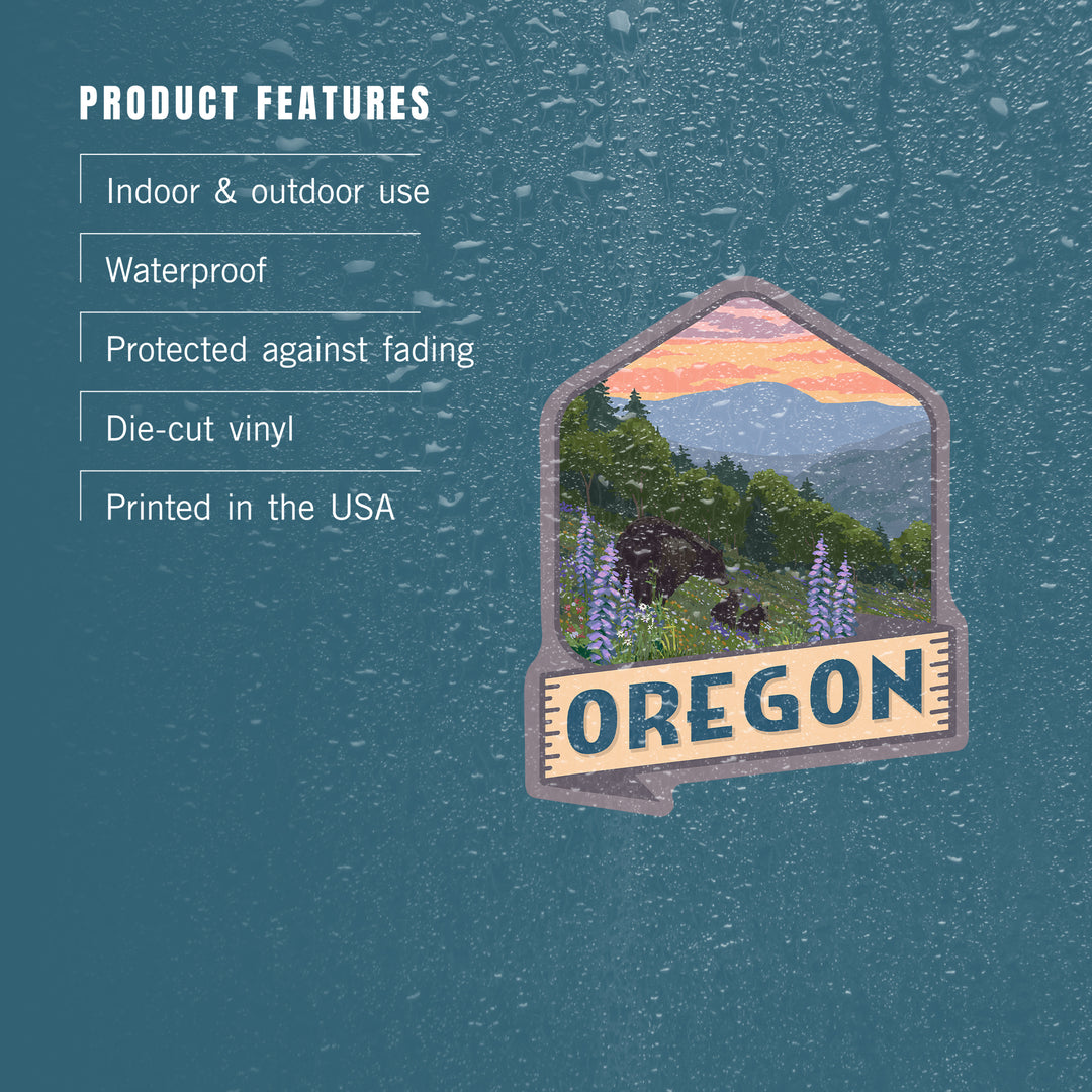 Oregon, Bear & Spring Flowers, Contour, Lantern Press Artwork, Vinyl Sticker