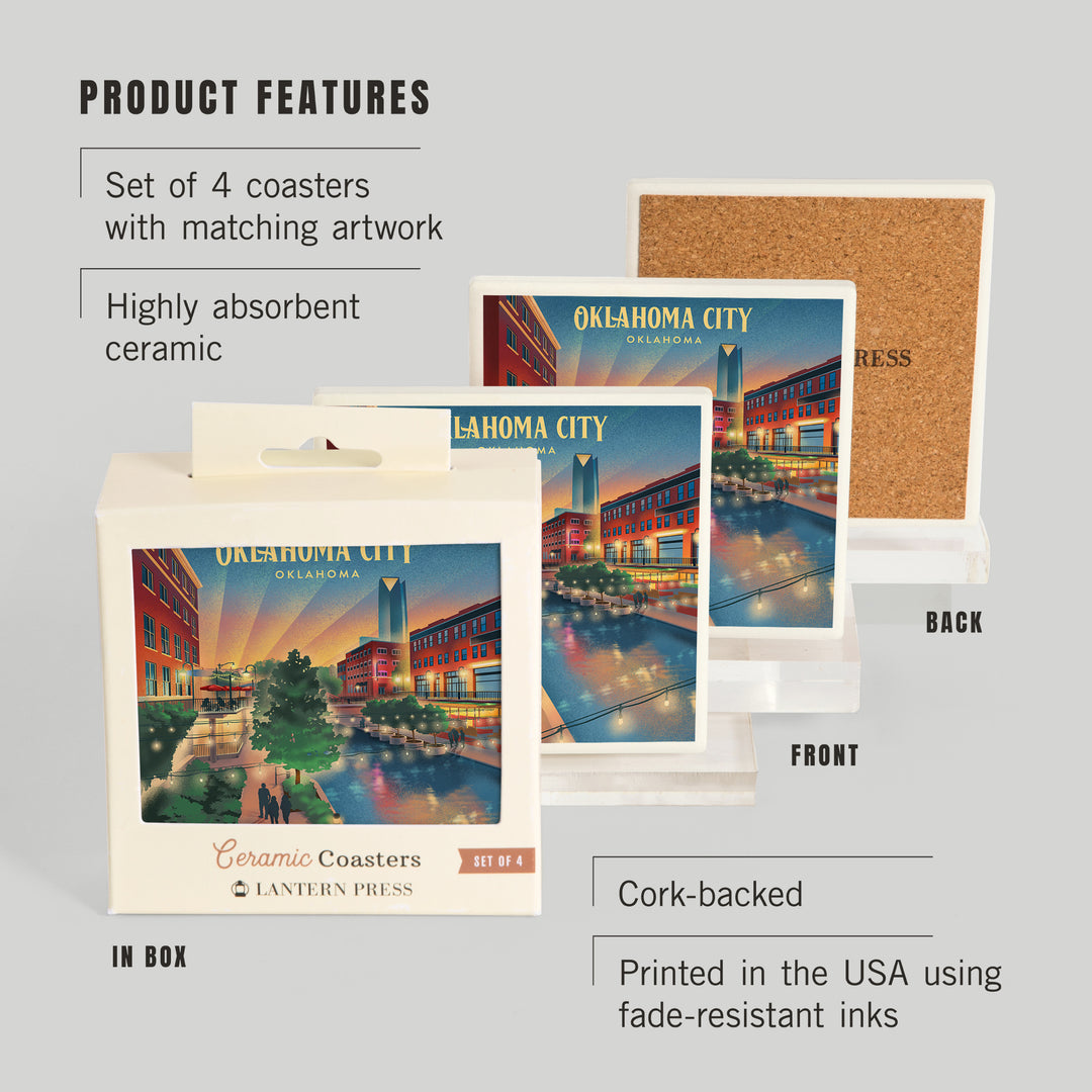Oklahoma City, Oklahoma, Lithograph, River Walk, Coasters