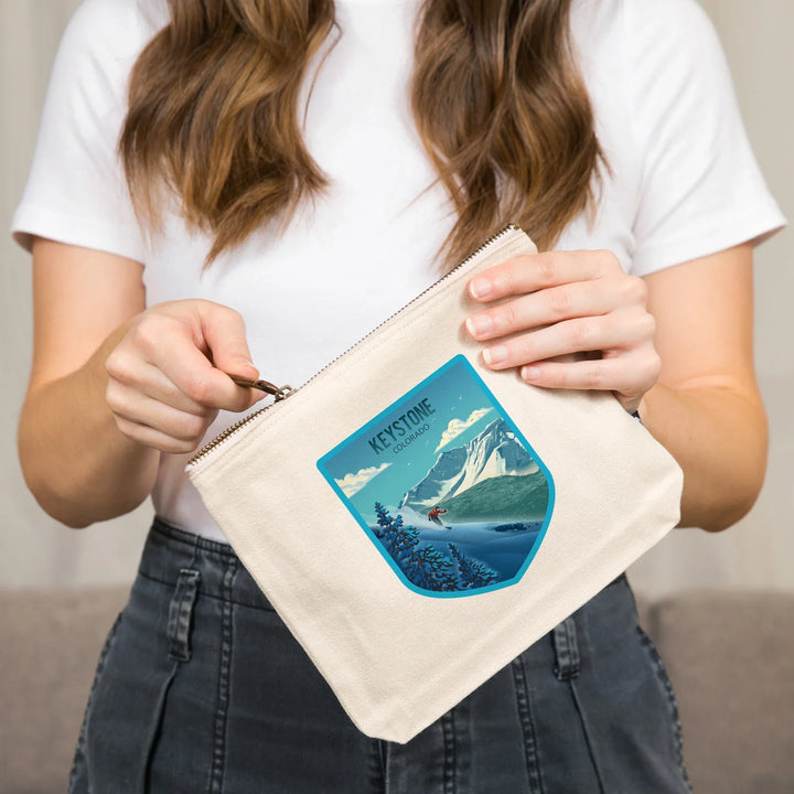 Keystone, Colorado, Lithograph, Downhill Skier, Organic Cotton Zipper Pouch, Go Bag