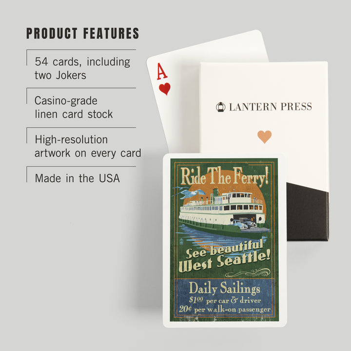 Playing Cards, West Seattle, Ferry Vintage Sign, 52 Card Deck with Jokers in Box, Unique Art
