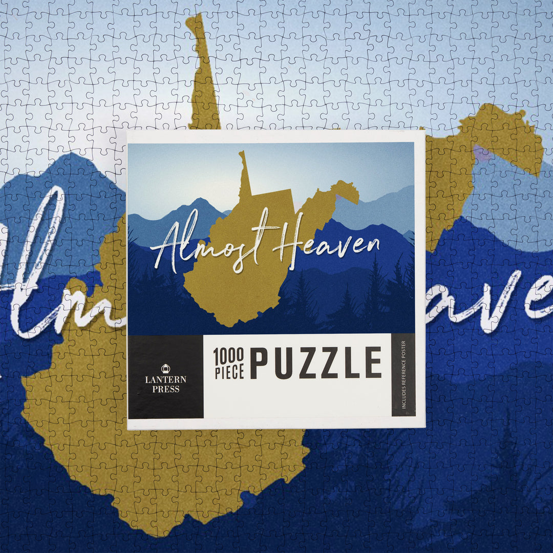 West Virginia, Almost Heaven, State Silhouette and Mountains, Blue and Gold, Jigsaw Puzzle