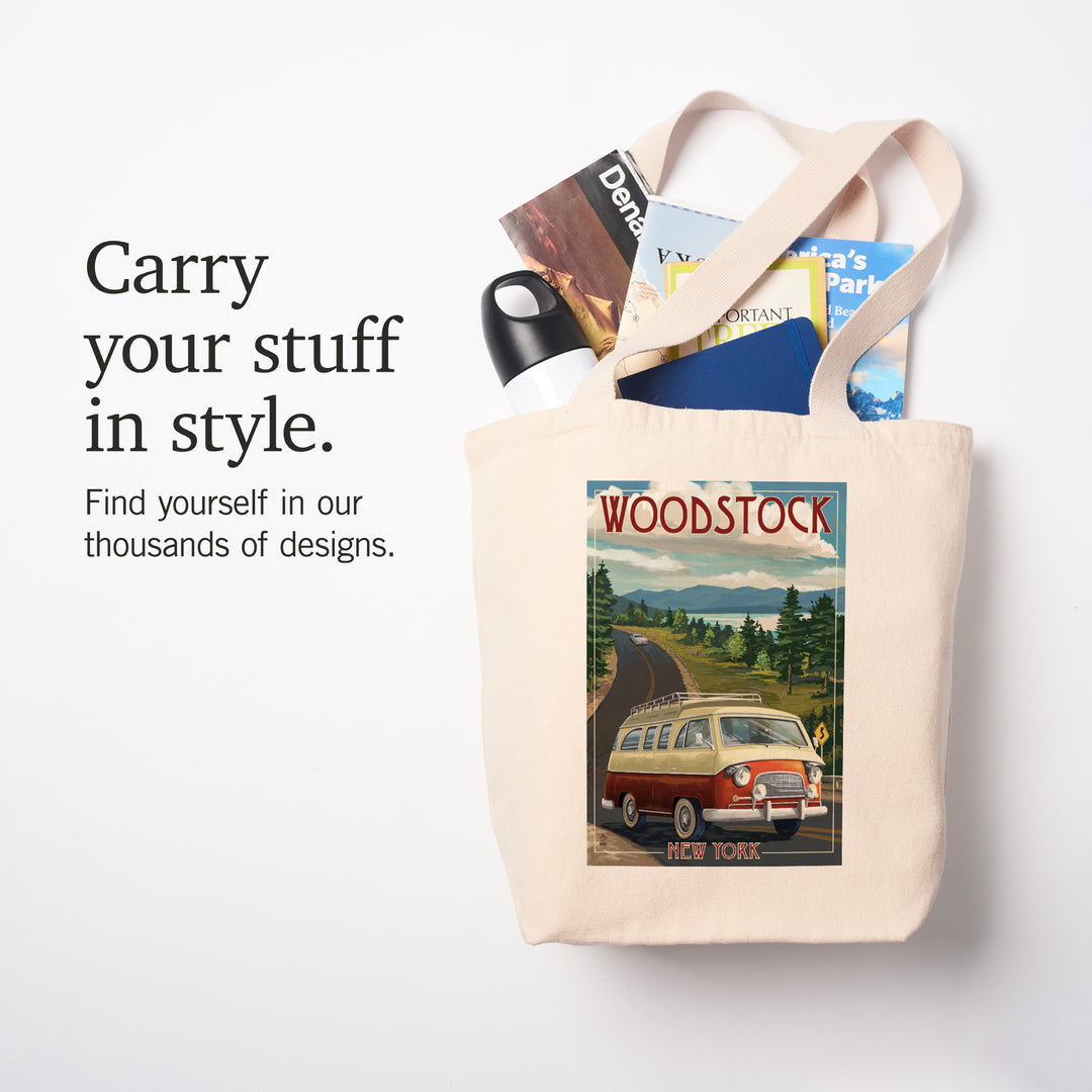 Woodstock, New York, Camper Van, Lantern Press Artwork, Tote Bag
