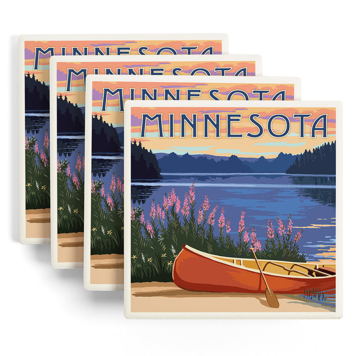 Minnesota, Canoe & Lake, Lantern Press Artwork, Coaster Set