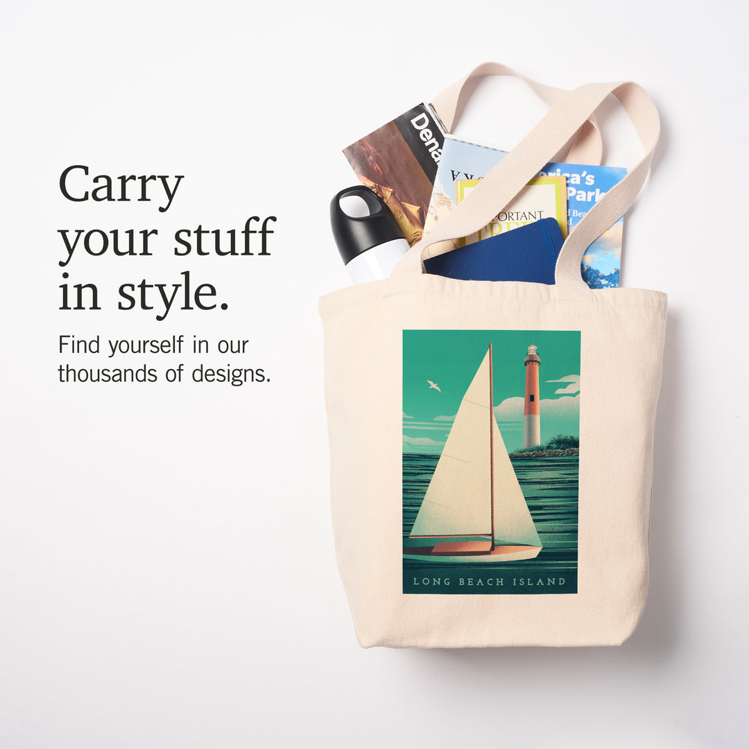 Long Beach Island, New Jersey, Beaming Lighthouse Collection, Lighthouse and Sailboat at Daylight, Tote Bag