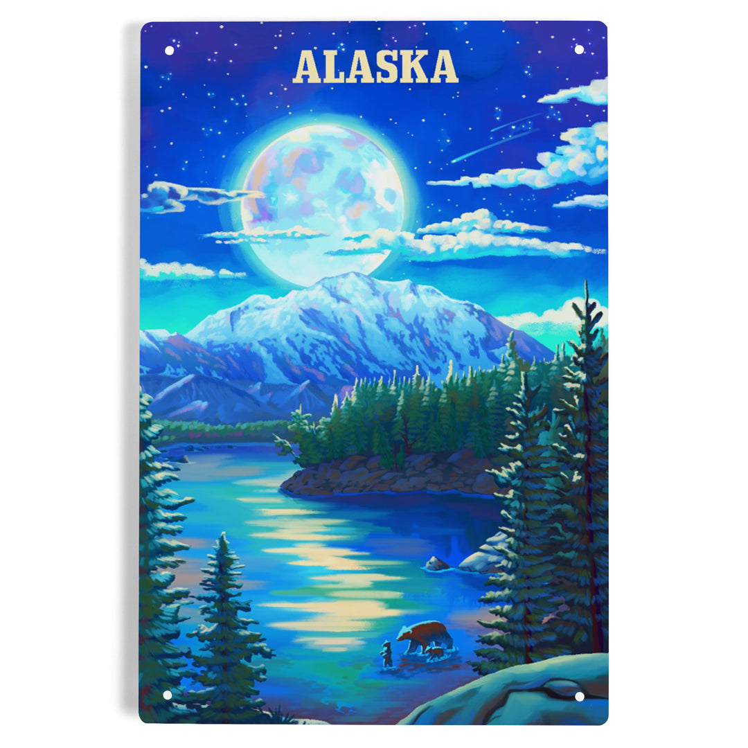 Alaska, Oil Painting, Lake and Super Moon, 12x18 Metal Sign