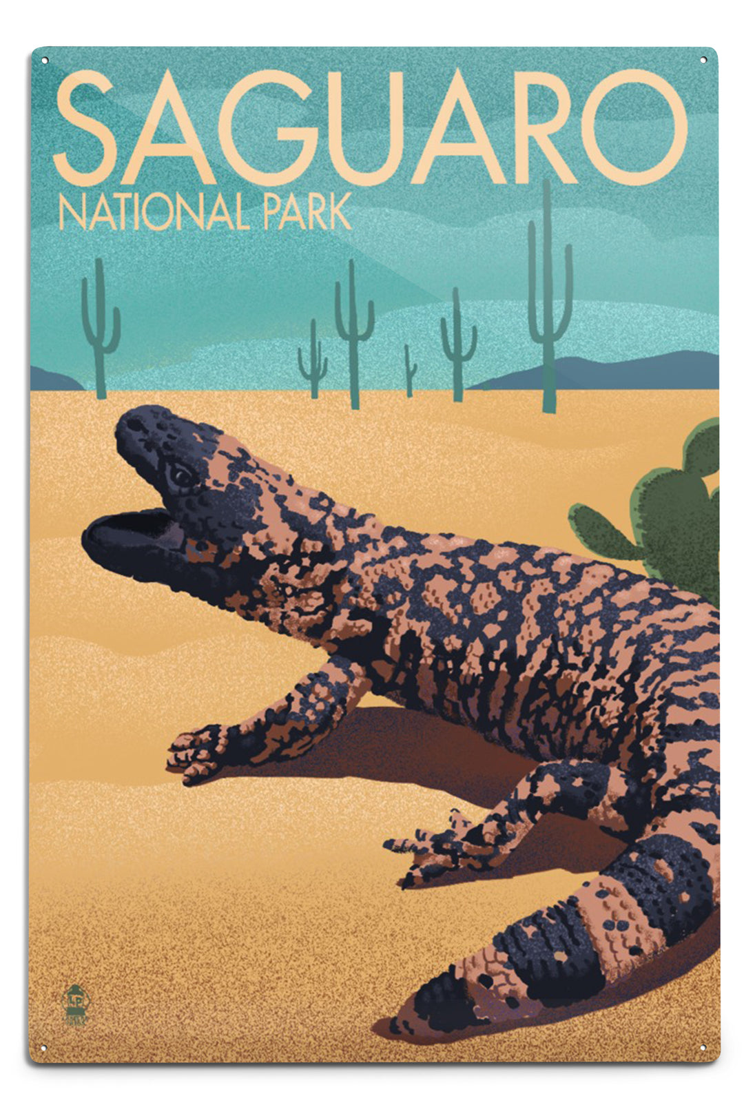 Saguaro National Park, Arizona, Gila Monster and Cactus, Lithograph, Metal Signs