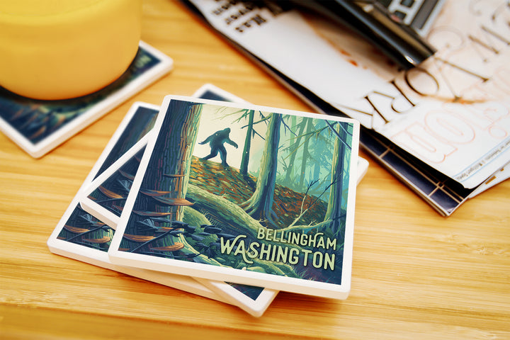 Bellingham, Washington, Wanderer, Bigfoot in Forest, Coaster Set