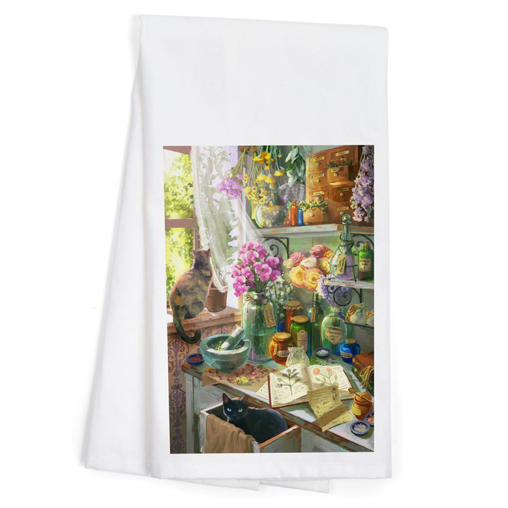 Garden Apothecary, With Cat, Oil Painting, Organic Cotton Kitchen Tea Towels