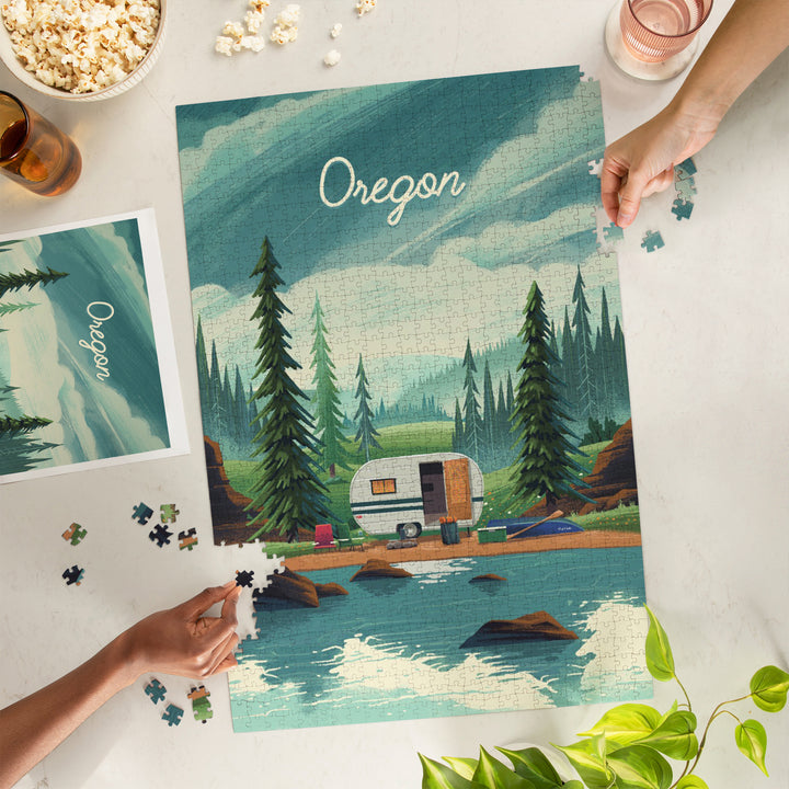 Oregon, Outdoor Activity, At Home Anywhere, Camper in Evergreens, 1000 Piece Jigsaw Puzzle