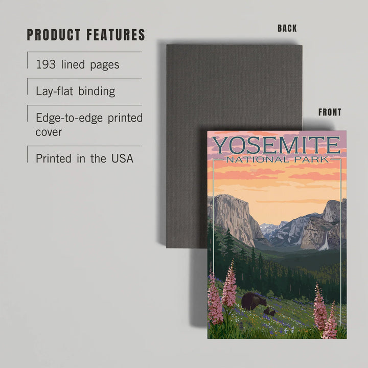 Lined 6x9 Journal, Yosemite National Park, California, Bear and Cubs with Flowers, Lay Flat, 193 Pages, FSC paper