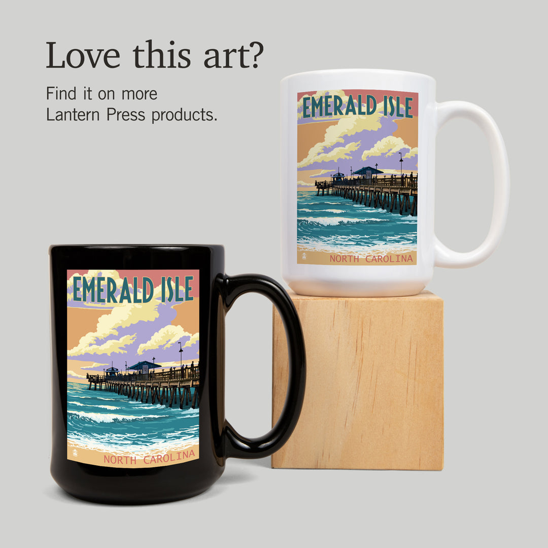 Emerald Isle, North Carolina, Fishing Pier, Lantern Press Artwork, Ceramic Mug