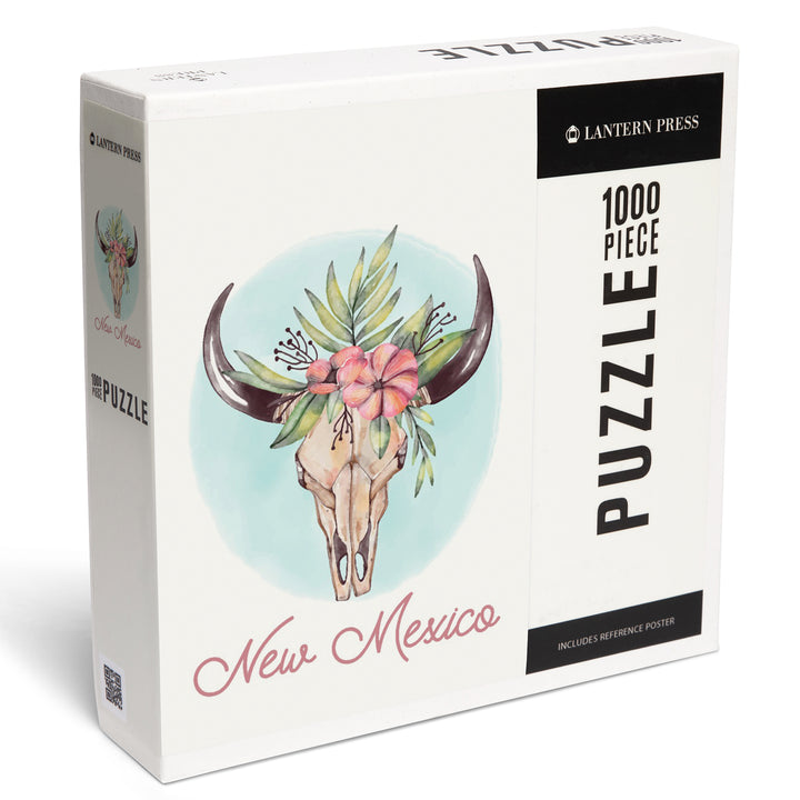 New Mexico, Watercolor, Cow Skull and Flower Crown, 1000 Piece Jigsaw Puzzle