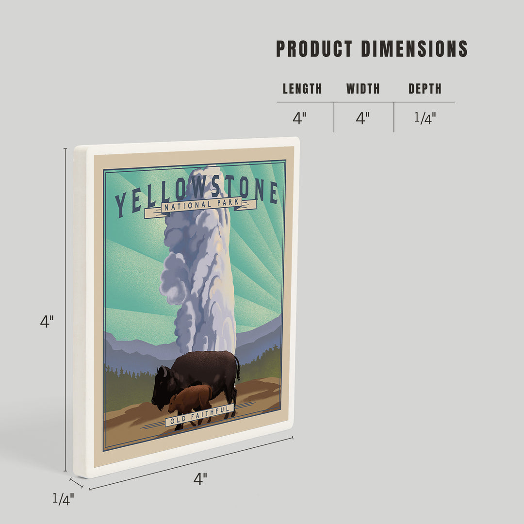 Yellowstone National Park, Wyoming, Old Faithful and Bison, Lithograph National Park Series, Coasters