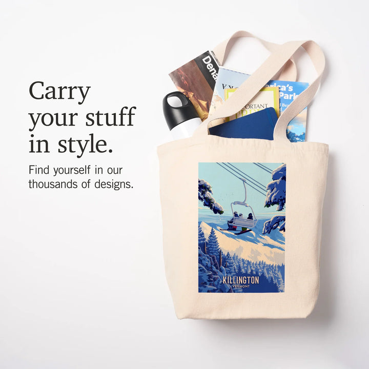 Killington, Vermont, Painterly, Ski Lift Above The Trees, Tote Bag