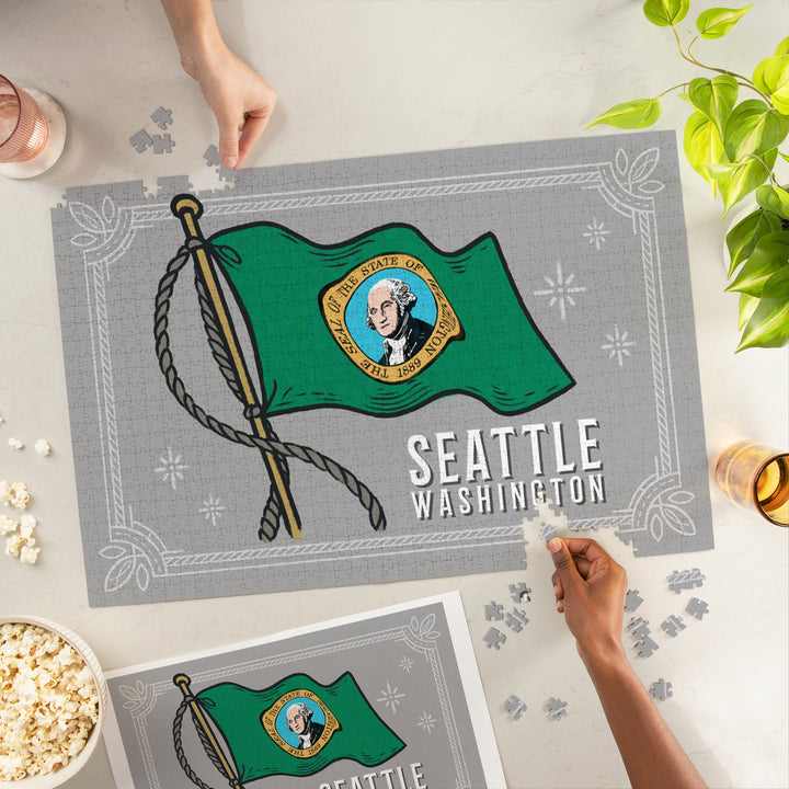 Seattle, WA, Waving State Flag, State Series, 1000 Piece Jigsaw Puzzle