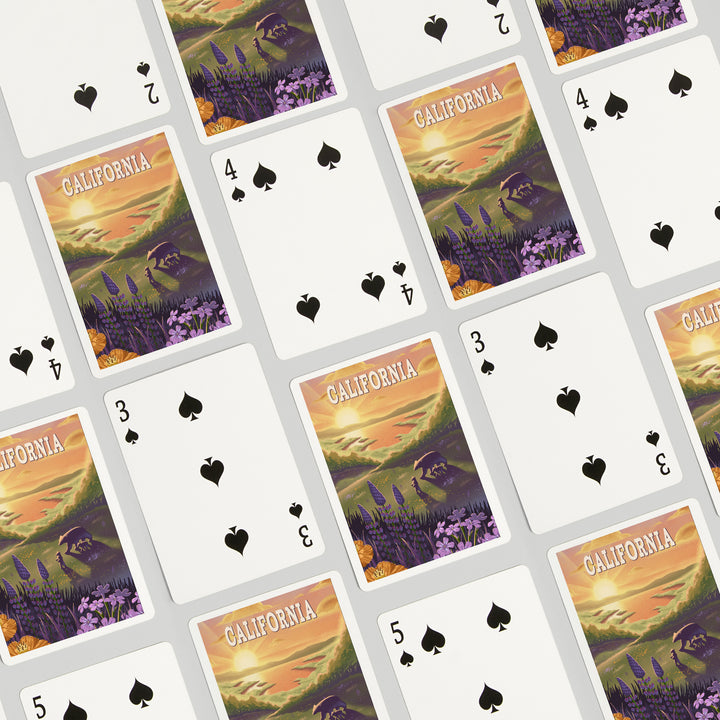 Playing Cards, California, Bear and Spring Flowers, Lithograph, 52 Card Deck with Jokers in Box, Unique Art