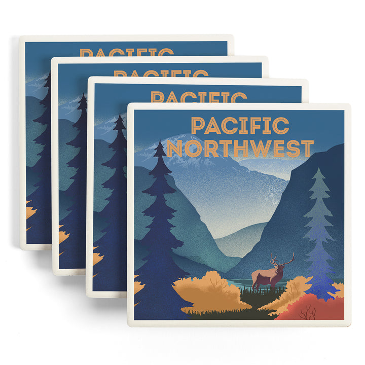 Pacific Northwest, Lithograph, Elk and Mountains Scene ceramic coaster set
