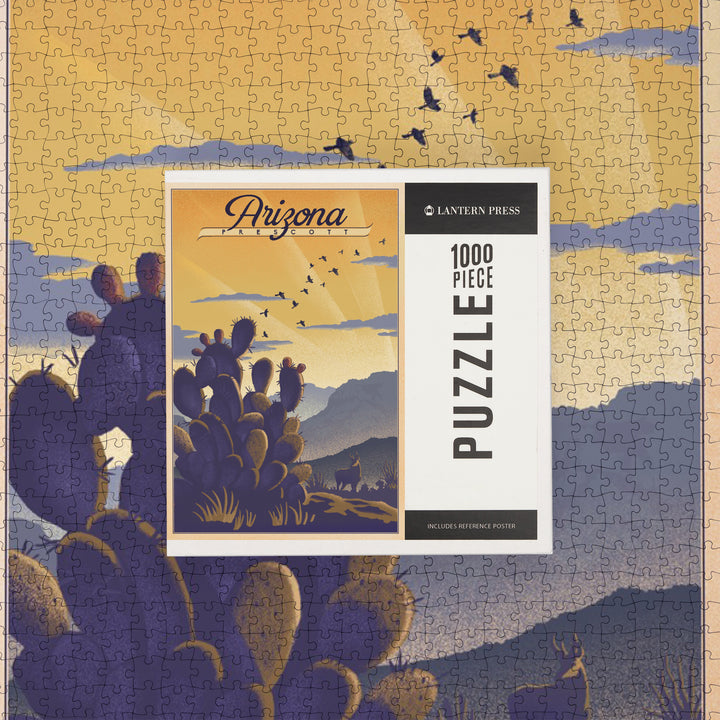 Prescott, Arizona, Lithograph, Cactus and Desert Scene, Jigsaw Puzzle