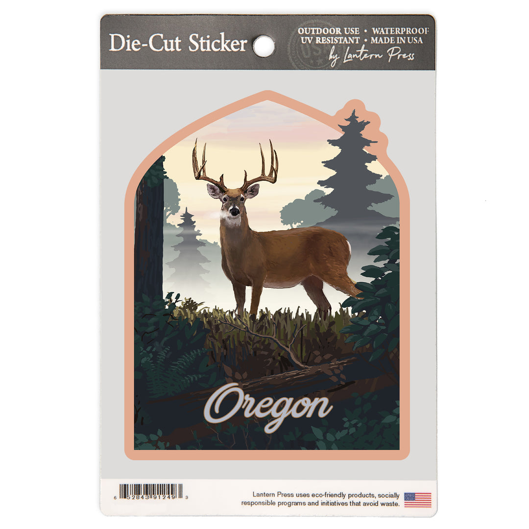 Oregon, Painterly, Deer and Sunrise, Vinyl Sticker