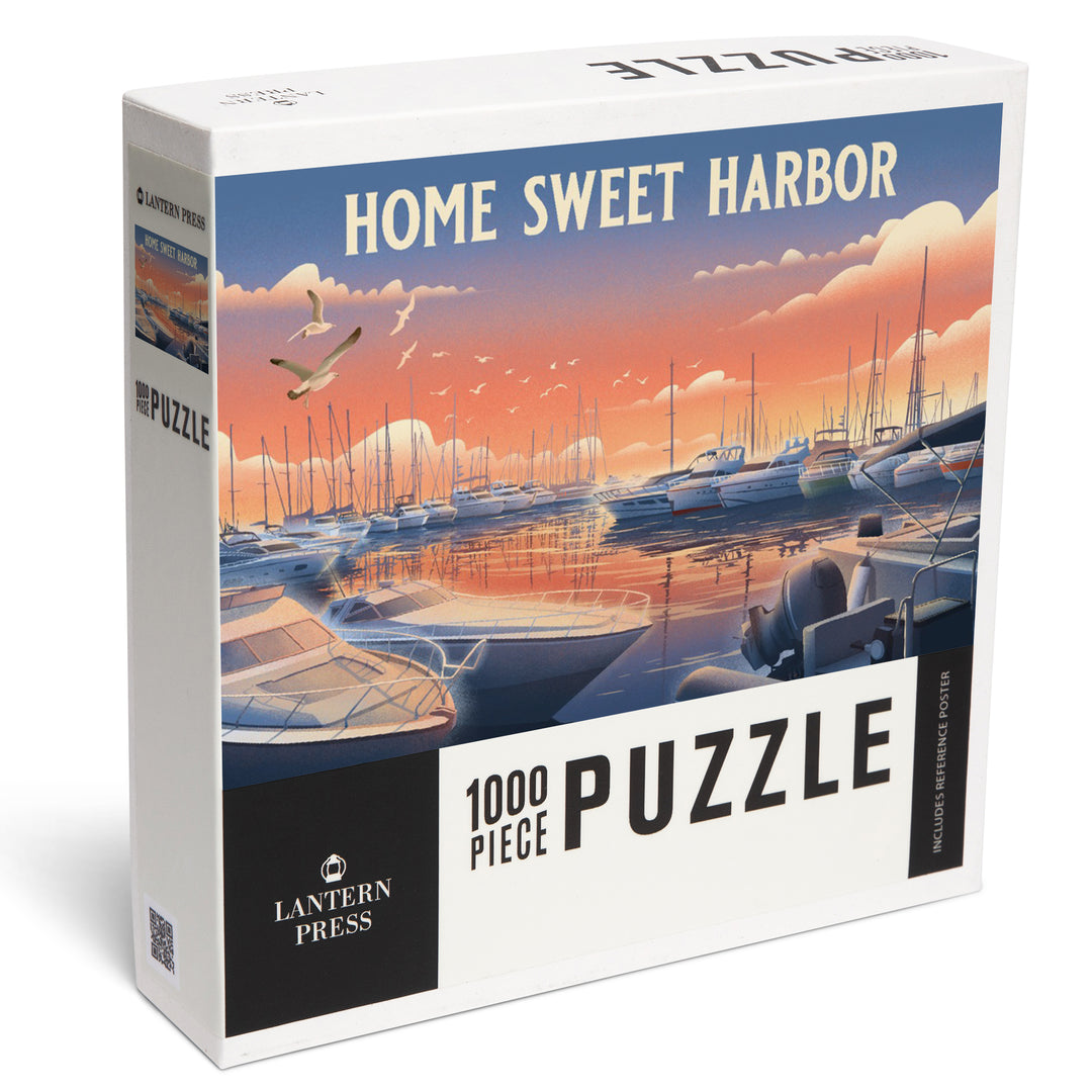 Lithograph, Home Sweet Harbor, Boats in Marina, Jigsaw Puzzle