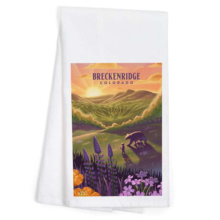 Breckenridge, Colorado, Bear and Spring Flowers, Ski Mountain, Lithograph, Organic Cotton Kitchen Tea Towels