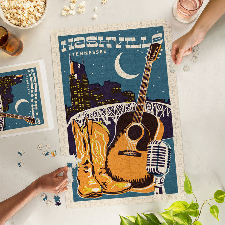 Nashville, Tennessee, Woodblock City Series, Skyline and Guitar, 1000 Piece Jigsaw Puzzle