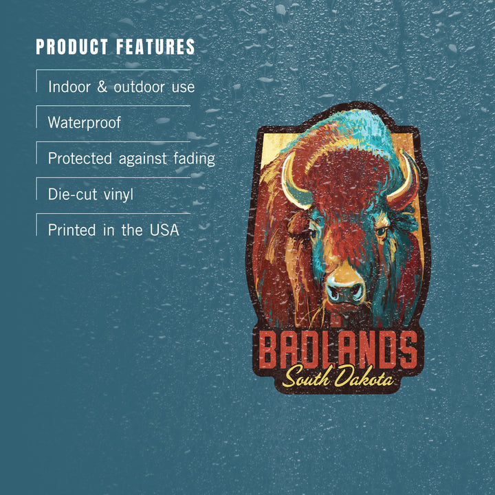Badlands, South Dakota, Bison, Vivid, Contour, Lantern Press Artwork, Vinyl Sticker