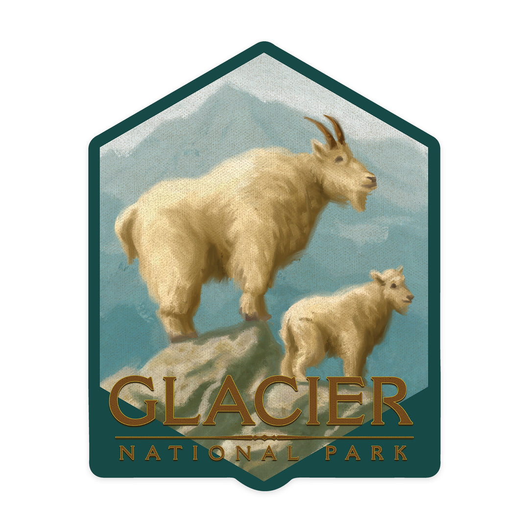 Glacier National Park, Montana, Goat & Kid, Oil Painting, Contour, Lantern Press Artwork, Vinyl Sticker