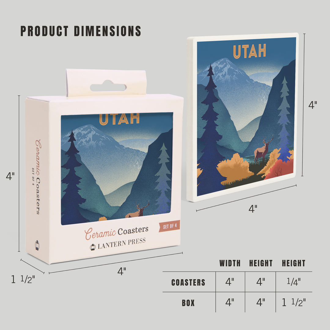 Utah, Lithograph, Elk and Mountains Scene ceramic coaster set