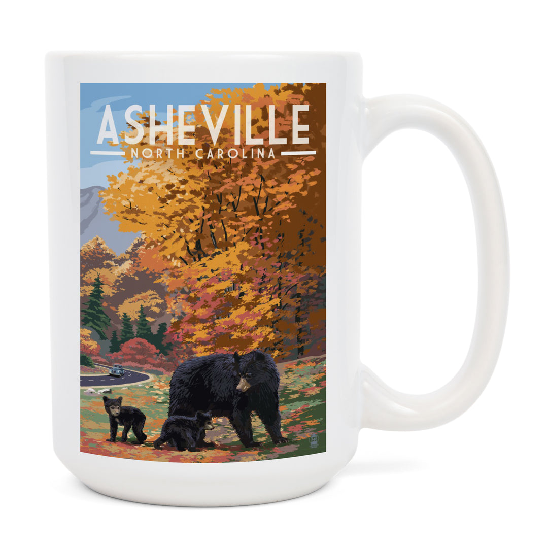Asheville, North Carolina, Bear Family, Lantern Press Artwork, Ceramic Mug