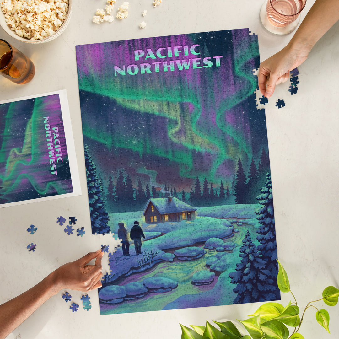 Pacific Northwest, Northern Lights and Cabin, 1000 Piece Jigsaw Puzzle