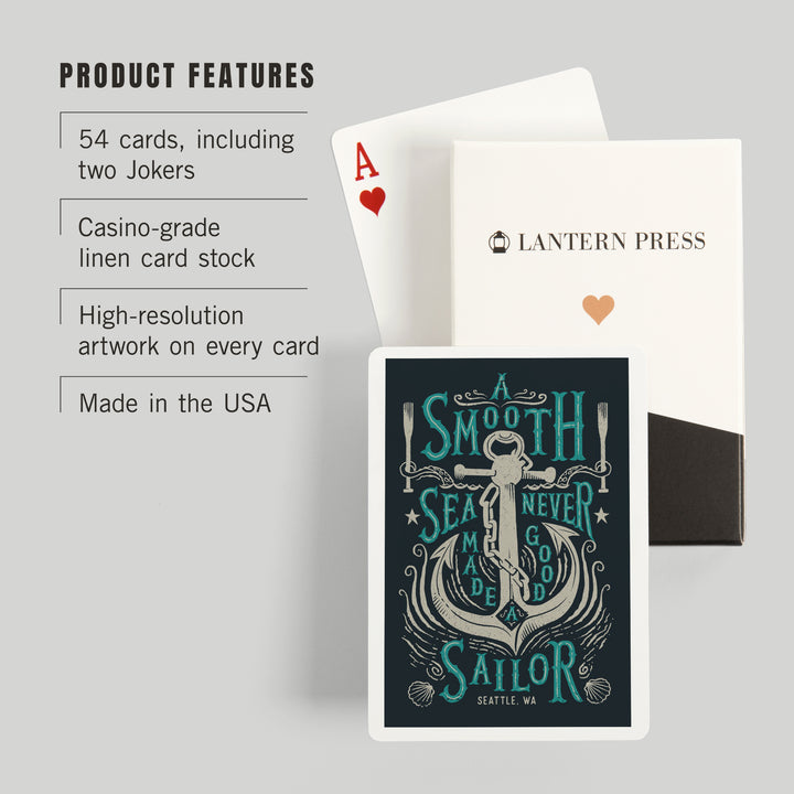 Playing Cards, Seattle, Washington, Sailor's Pride Collection, Anchor, A Smooth Sea, 52 Card Deck with Jokers in Box, Unique Art