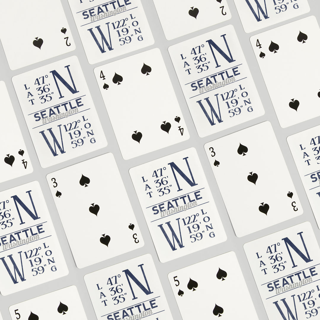 Playing Cards, Seattle, Washington, Latitude and Longitude (Blue), 52 Card Deck with Jokers in Box, Unique Art