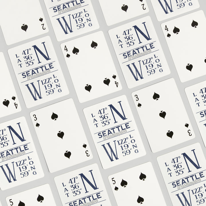Playing Cards, Seattle, Washington, Latitude and Longitude (Blue), 52 Card Deck with Jokers in Box, Unique Art