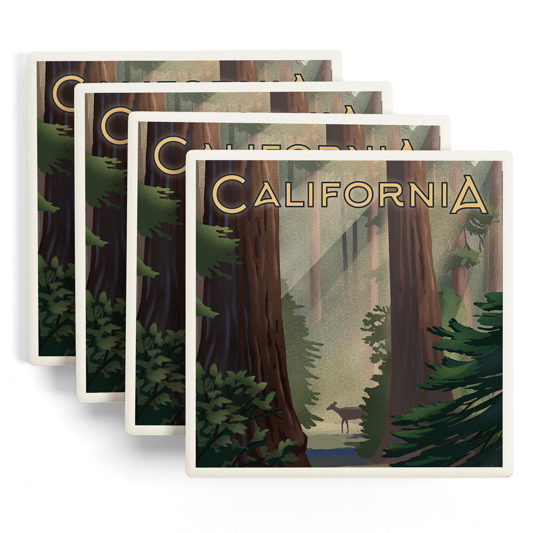 California, Lithograph, Deer in Forest, Coaster Set
