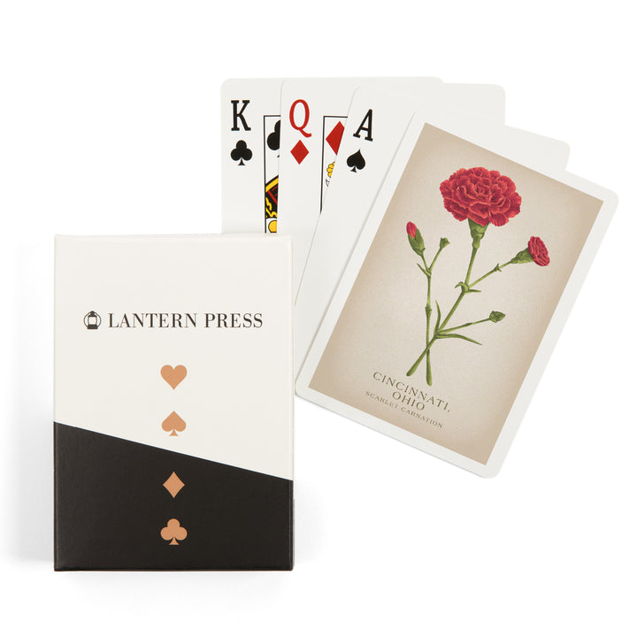 Playing Cards, Cincinnati, Ohio, Vintage Flora, State Series, Scarlet Carnation, 52 Card Deck with Jokers in Box, Unique Art