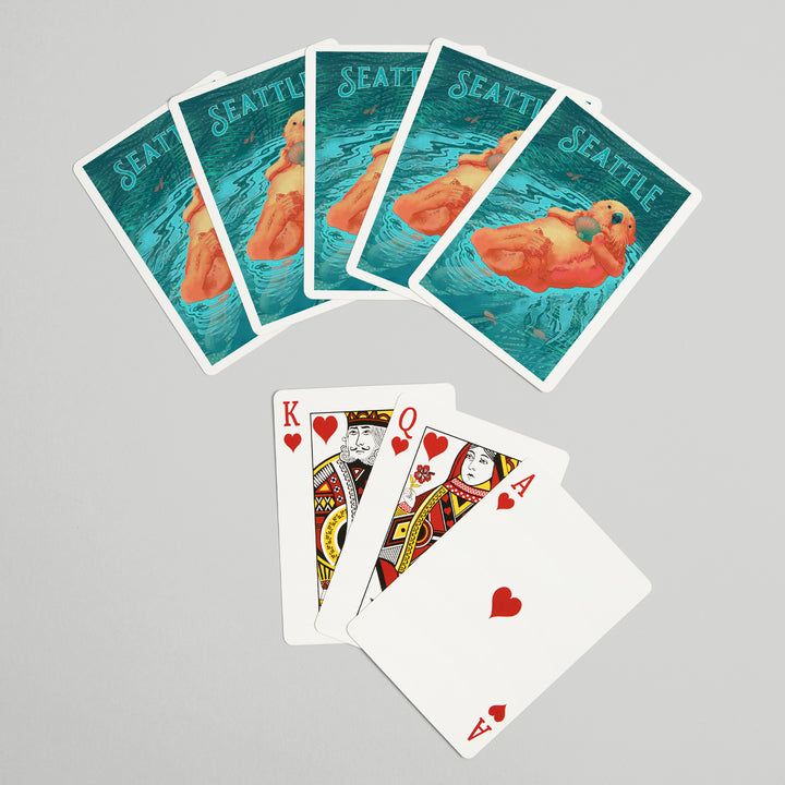 Playing Cards, Seattle, Washington, Fluid Linework, Sea Otter, 52 Card Deck with Jokers in Box, Unique Art