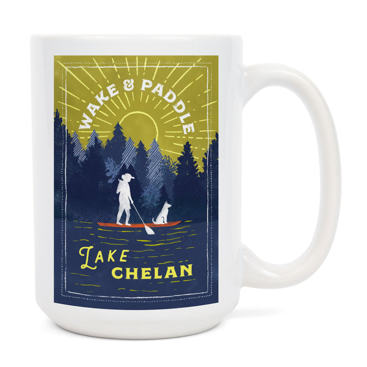 Lake Chelan, Washington, Lake Life Series, Wake and Paddle Landscape With Trees, Ceramic Mug
