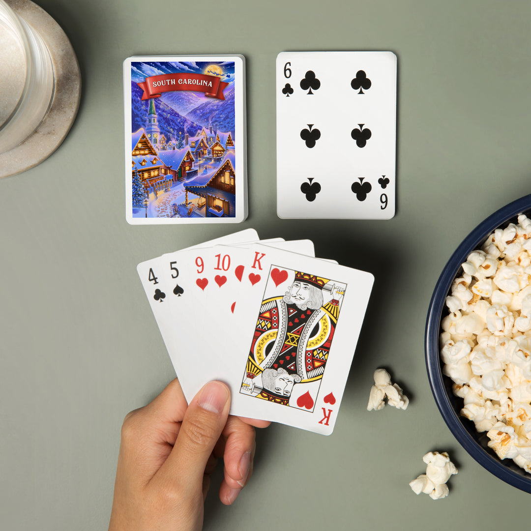 Playing Cards, South Carolina, Sleepy Winter Village, 52 Card Deck with Jokers in Box, Unique Art