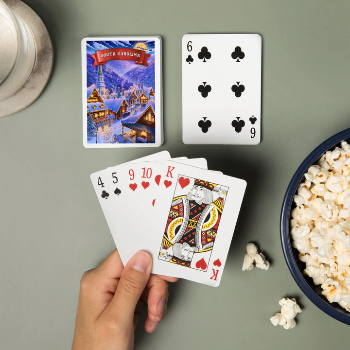 Playing Cards, South Carolina, Sleepy Winter Village, 52 Card Deck with Jokers in Box, Unique Art