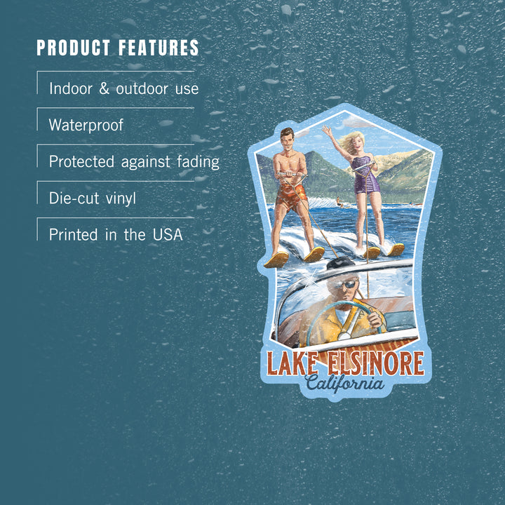 Lake Elsinore, California, Water Skiing Scene, Contour, Lantern Press Artwork, Vinyl Sticker