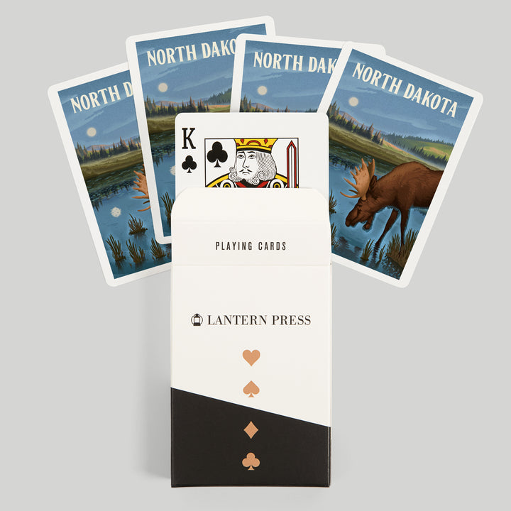 Playing Cards, North Dakota, Lithograph, Reflection Pond and Bull Moose, 52 Card Deck with Jokers in Box, Unique Art