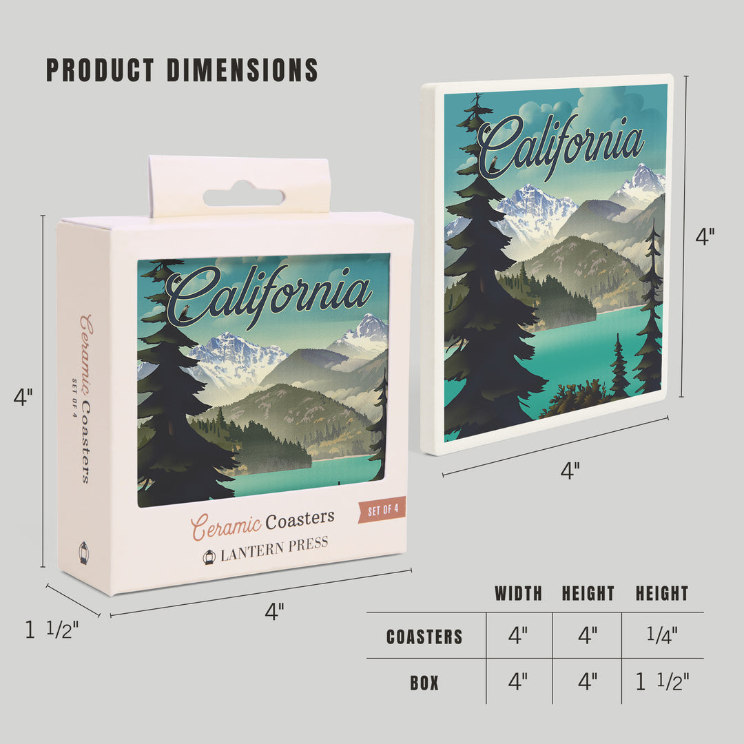 California, Lithograph, Lake and Mountains Scene, Coaster Set