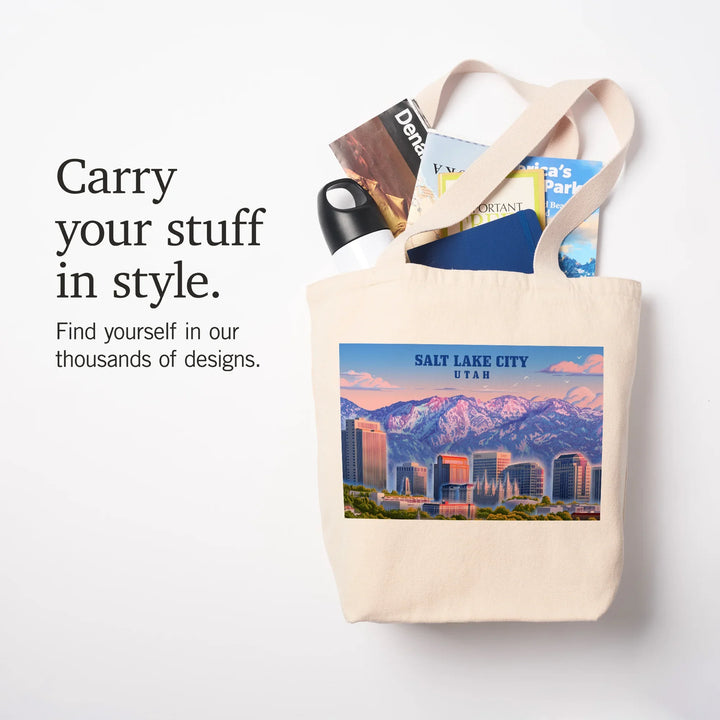 Salt Lake City, Utah, Lithograph, Skyline, Tote Bag