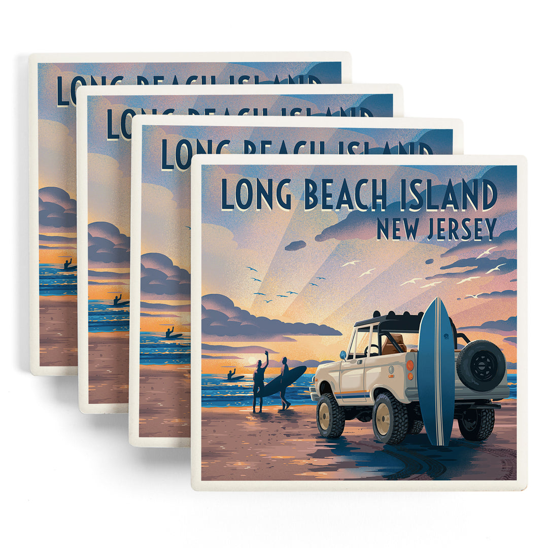 Long Beach Island, New Jersey, Lithograph, Surfers on Beach, Coasters