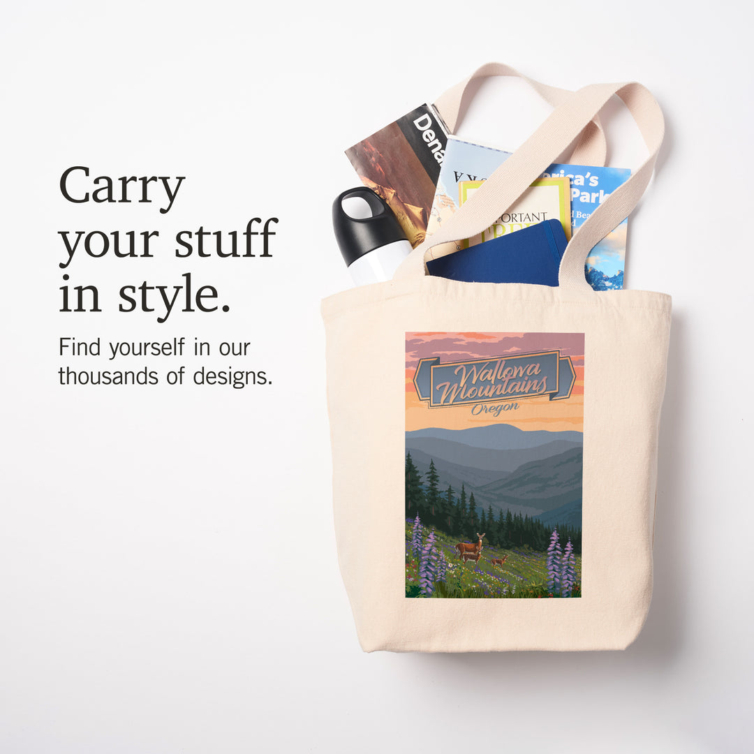 Wallowa Mountains, Oregon, Deer & Spring Flowers, Lantern Press Artwork, Tote Bag