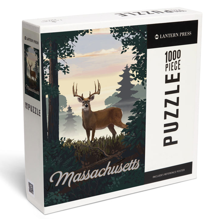 Massachusetts, Painterly, Deer and Sunrise, 1000 Piece Jigsaw Puzzle