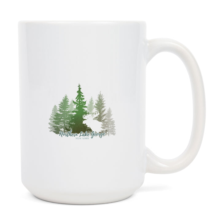 Northern Lake George, New York, Moose & Mountains, Green Tones, Lantern Press Artwork, Ceramic Mug
